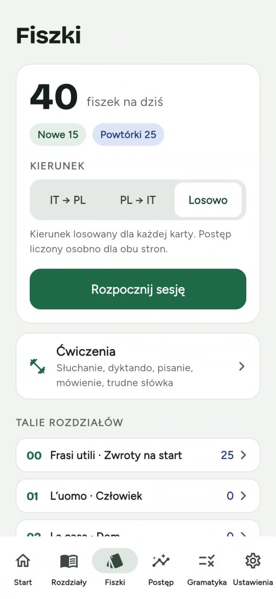 Ekran fiszek w aplikacji Ripasso: wybór kierunku i start sesji