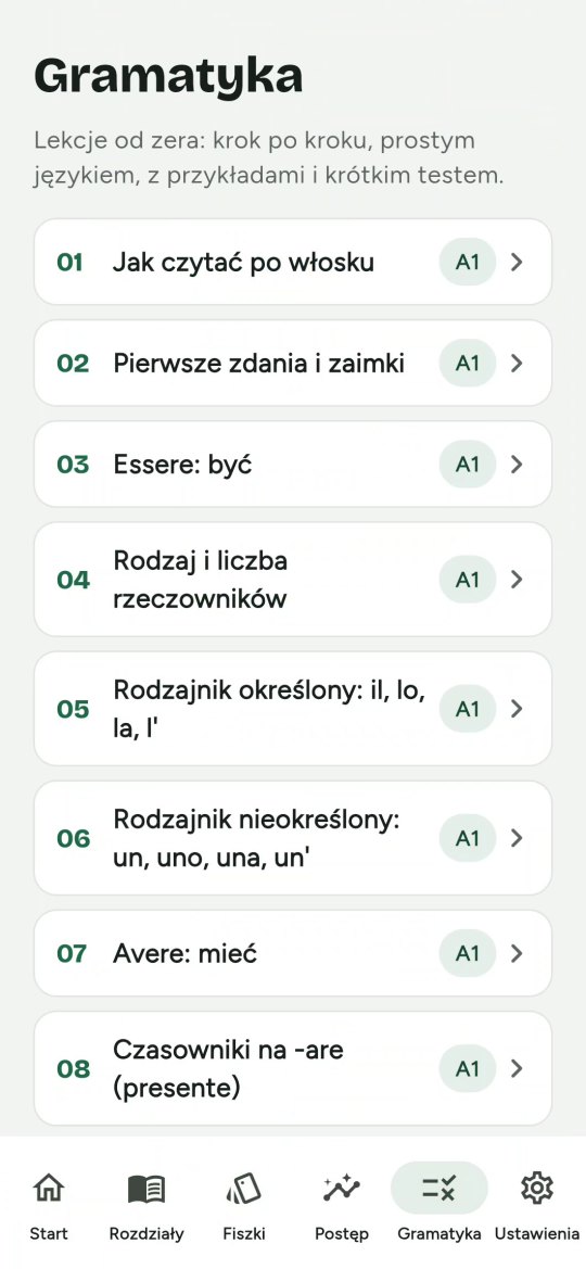 Lista lekcji gramatyki w aplikacji Ripasso