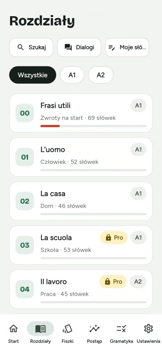 Lista rozdziałów w aplikacji Ripasso