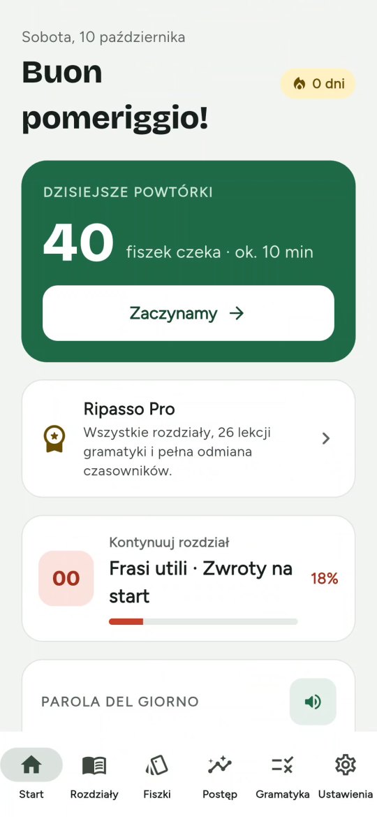 Ekran startowy aplikacji Ripasso: dzisiejsze powtórki, kontynuacja rozdziału i słówko dnia
